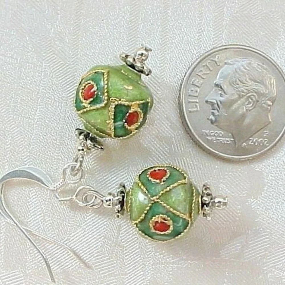 B2G1 Red Green Cloisonne Christmas Ornament Earrings Handmade Gifts for Women - Picture 2 of 2